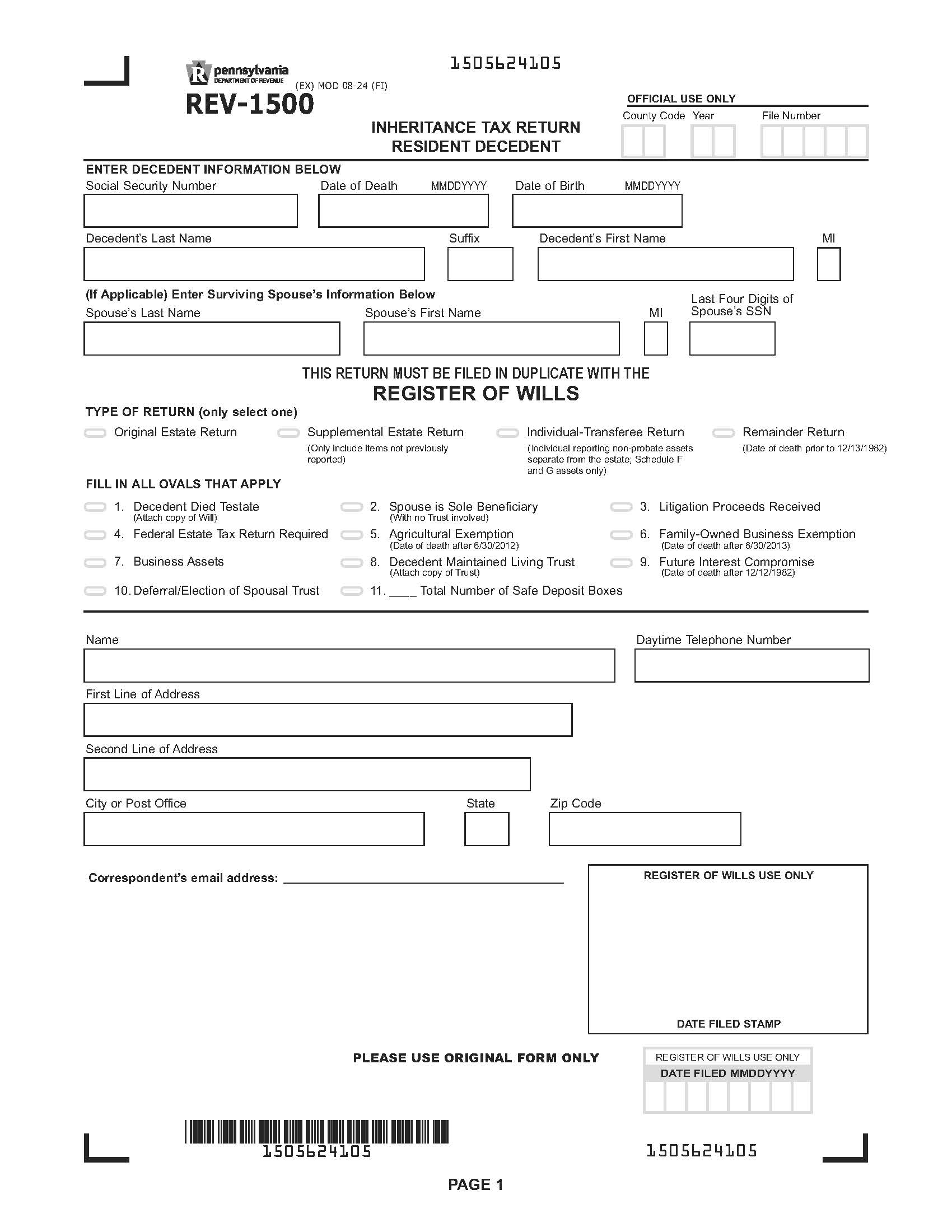Inheritance Tax Return Resident Decedent {REV-1500} | Pdf Fpdf Doc Docx | Pennsylvania
