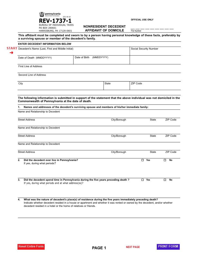 Nonresident Decedent Affidavit Of Domicile {REV-1737-1} | Pdf Fpdf Docx | Pennsylvania