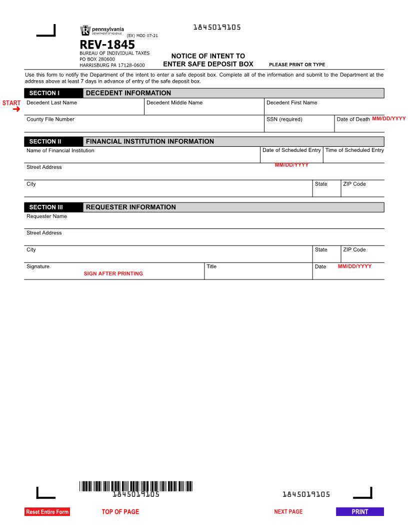 Notice Of Intent To Enter Safe Deposit Box {REV-1845} | Pdf Fpdf Docx | Pennsylvania