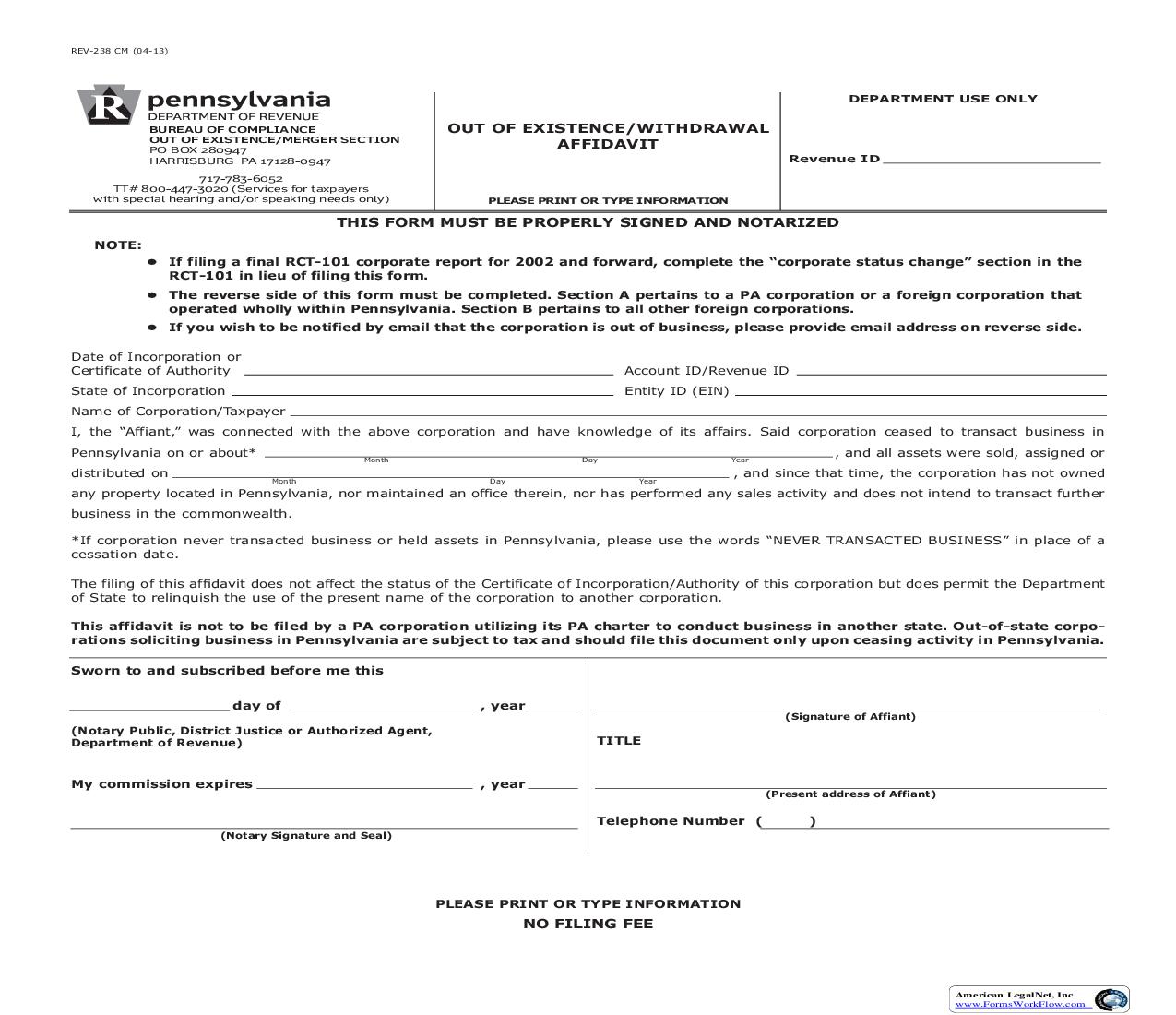 Out Of Existence Withdrawal Affidavit {REV-238} | Pdf Fpdf Doc Docx | Pennsylvania