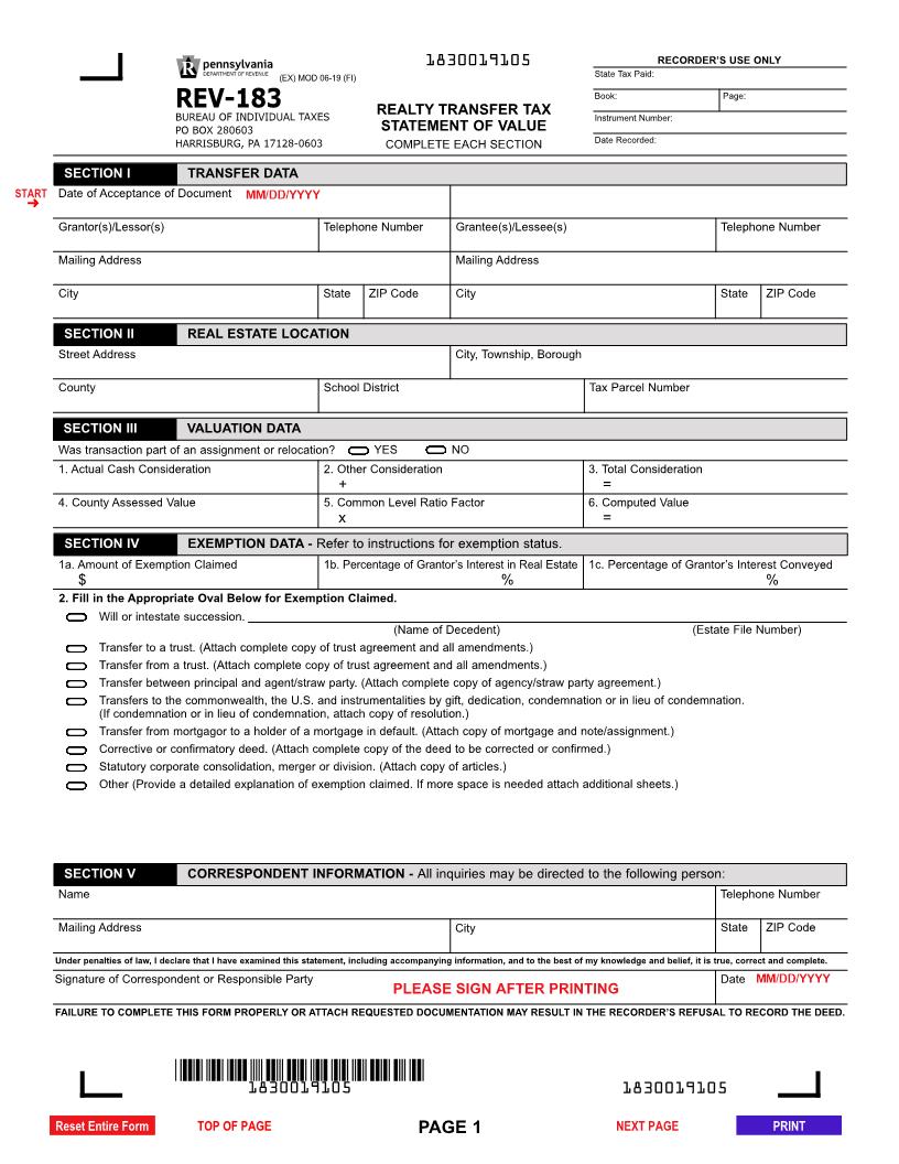 Realty Transfer Tax Statement Of Value {REV-183} | Pdf Fpdf Docx | Pennsylvania