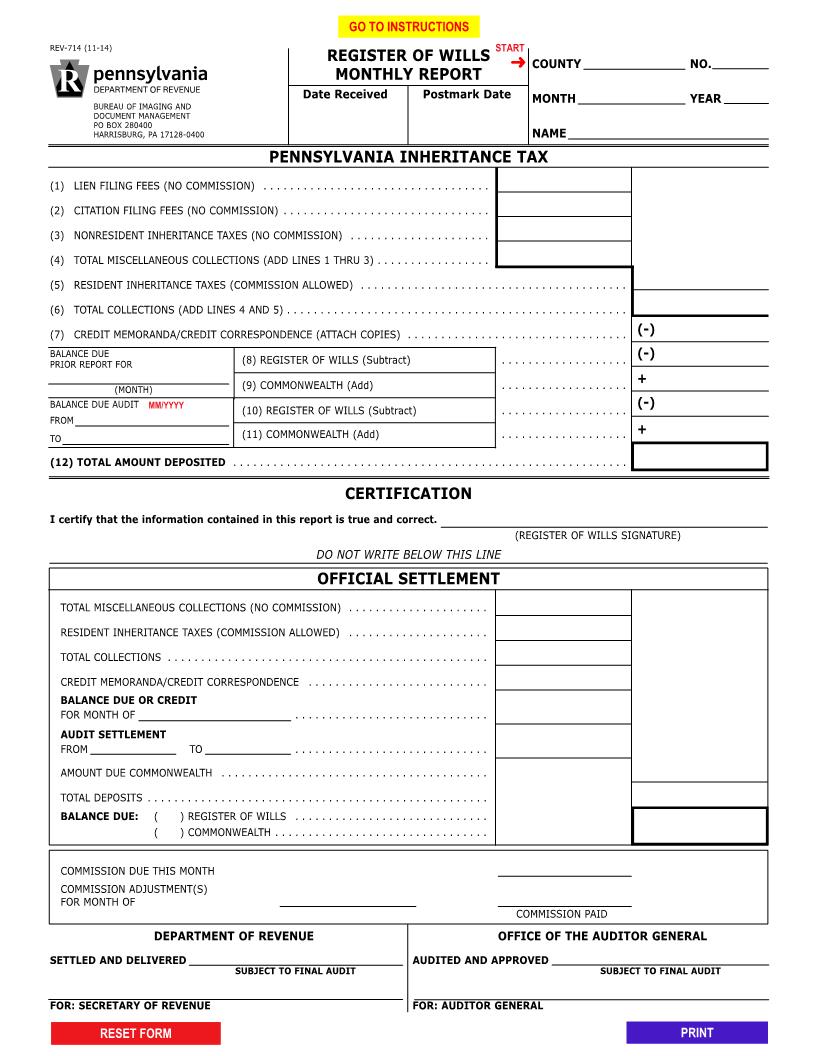 Register Of Wills Monthly Report {REV-714} | Pdf Fpdf Docx | Pennsylvania