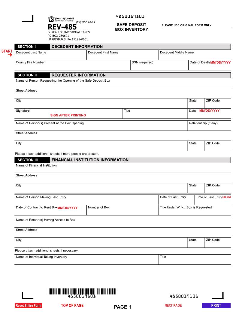 Safe Deposit Box Inventory {REV-485} | Pdf Fpdf Docx | Pennsylvania