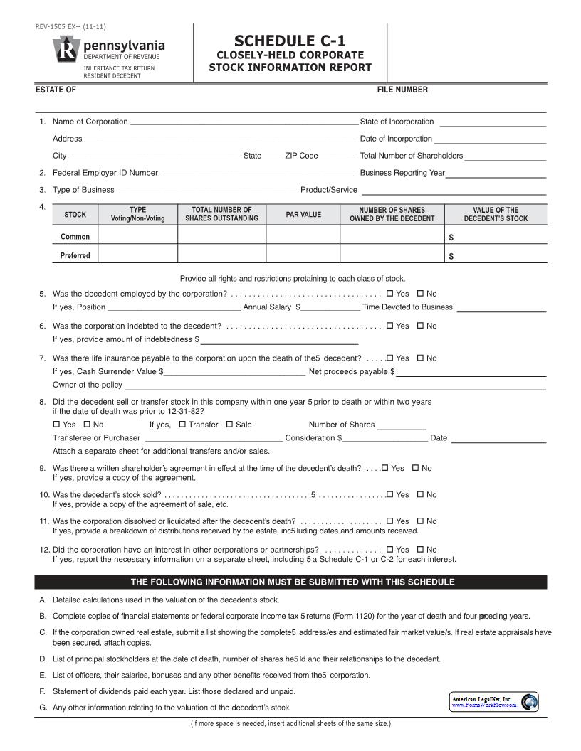 Schedule C-1 Closely-Held Corporate Stock Information Report {REV-1505} | Pdf Fpdf Docx | Pennsylvania