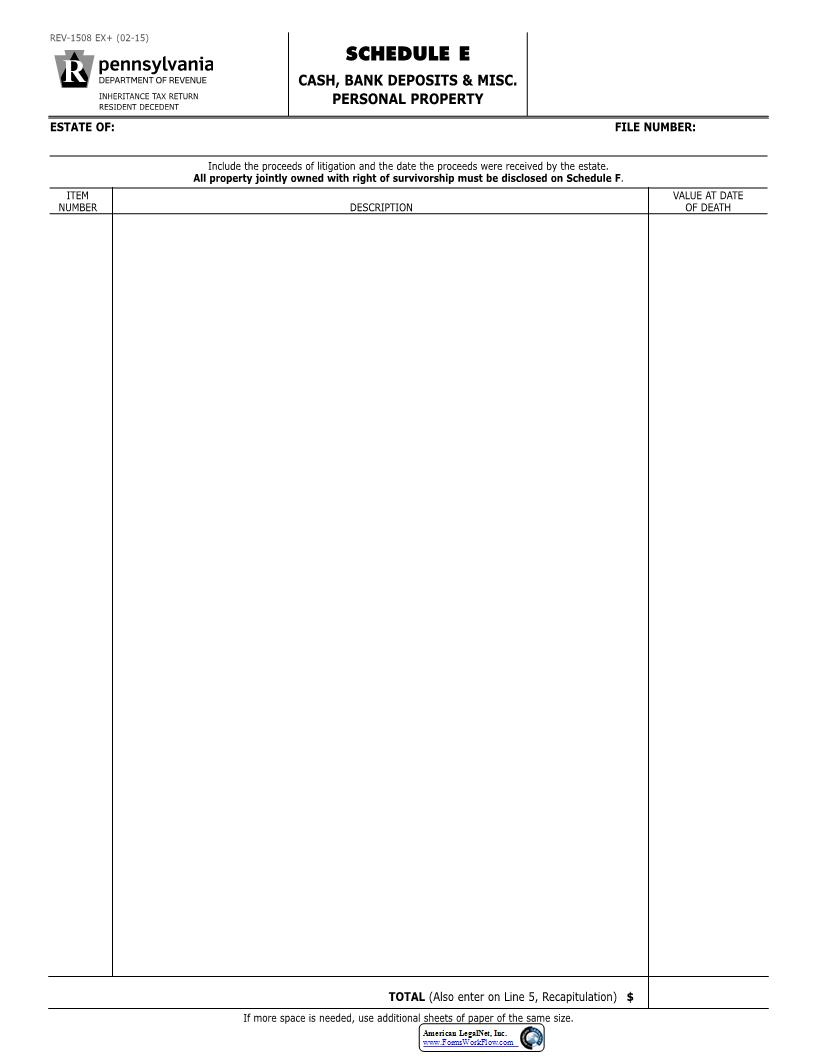 Schedule E Cash Bank Deposits And Misc Personal Property {REV-1508} | Pdf Fpdf Docx | Pennsylvania