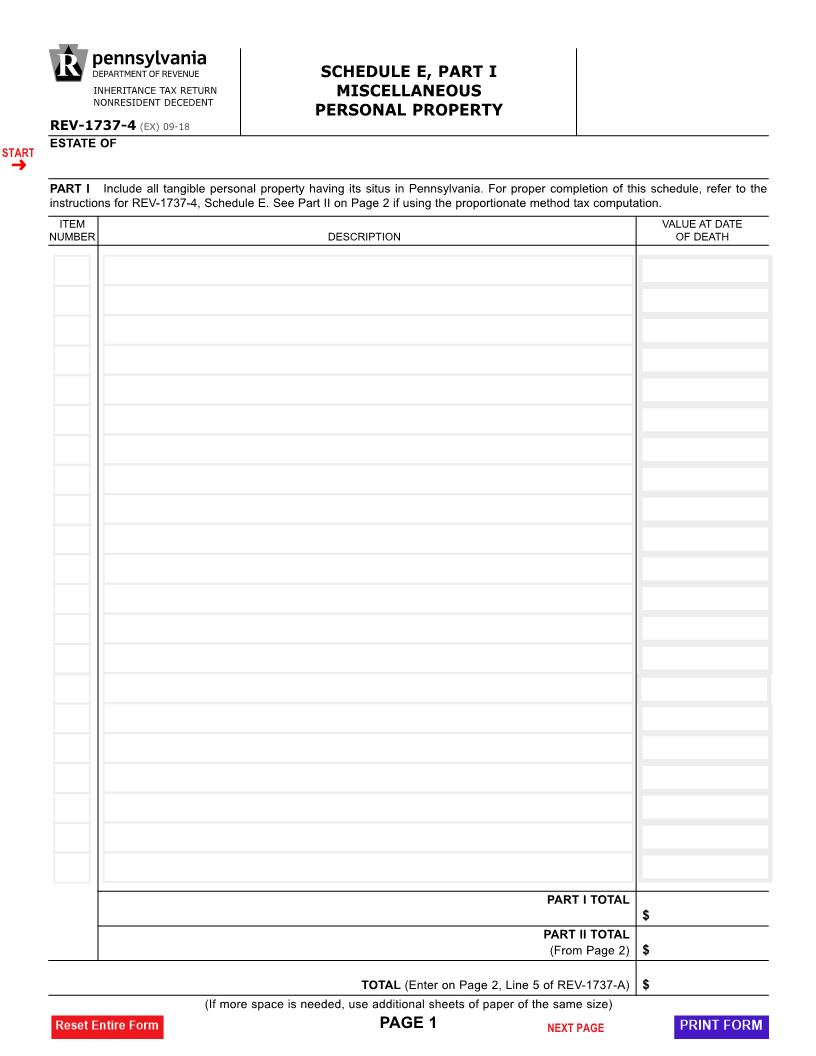 Schedule E Part I Miscellaneous Personal Property {REV-1737-4} | Pdf Fpdf Docx | Pennsylvania