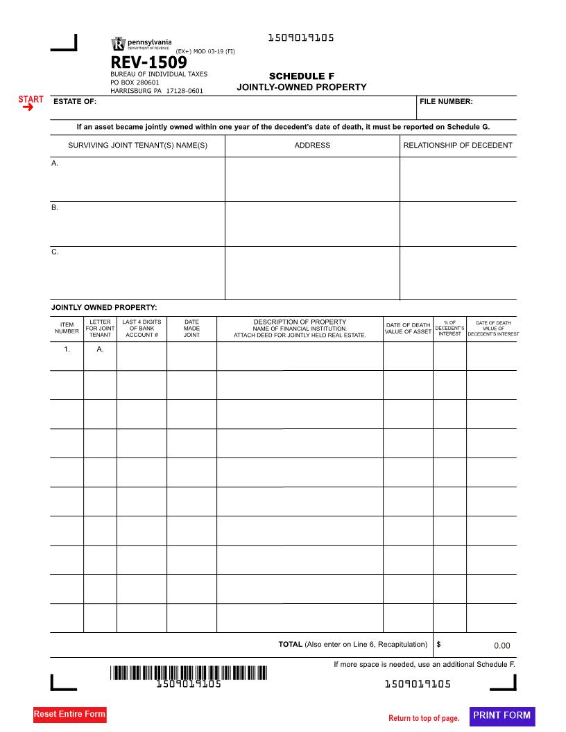 Schedule F Jointly-Owned Property {REV-1509} | Pdf Fpdf Docx | Pennsylvania