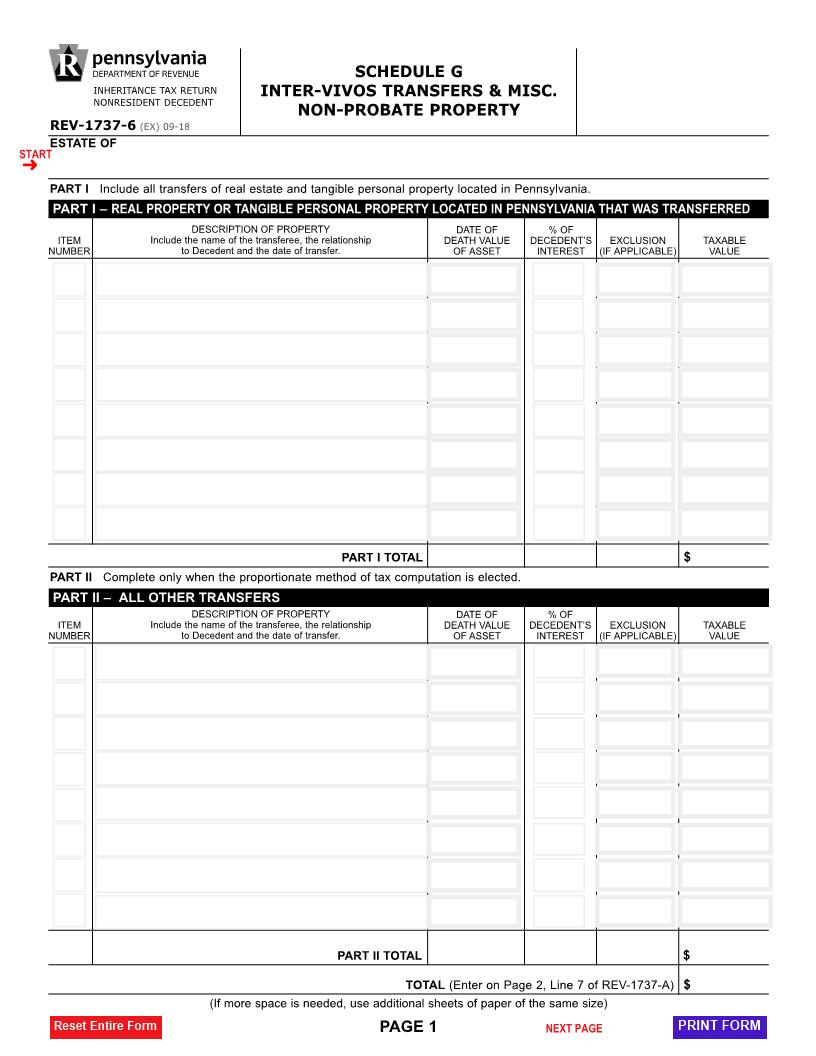 Schedule G Inter Vivos Transfers And Miscellaneous Non Probate Property {REV-1737-6} | Pdf Fpdf Docx | Pennsylvania