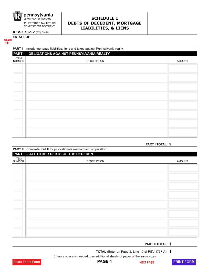 Schedule I Debts Of Decedent Mortgage Liabilities And Liens {REV-1737-7} | Pdf Fpdf Docx | Pennsylvania