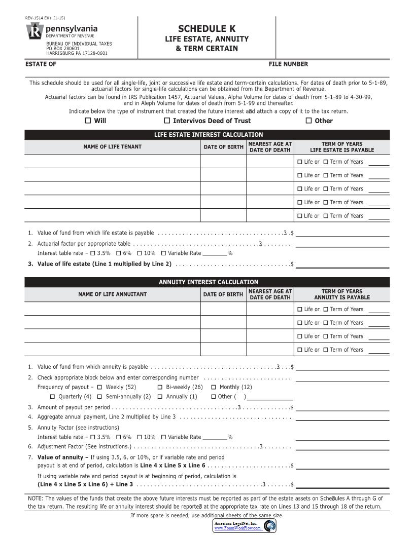 Schedule K Life Estate Annuity And Term Certain {REV-1514} | Pdf Fpdf Docx | Pennsylvania