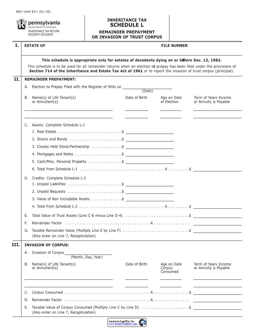 Schedule L Remainder Prepayment Or Invasion Of Trust Corpus {REV-1644} | Pdf Fpdf Docx | Pennsylvania