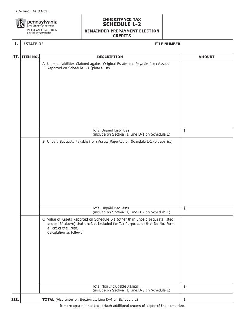 Schedule L-2 Remainder Prepayment Election Credits {REV-1646} | Pdf Fpdf Docx | Pennsylvania