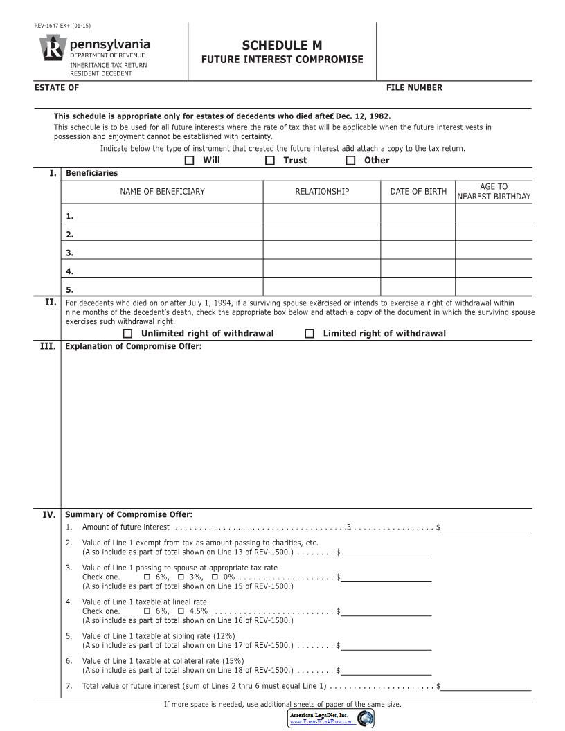 Schedule M Future Interest Compromise {REV-1647} | Pdf Fpdf Docx | Pennsylvania