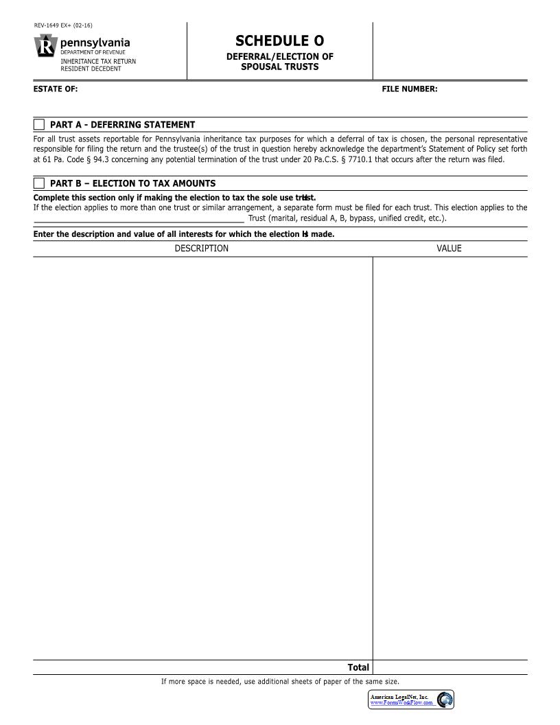 Schedule O Deferral-Election Of Spousal Trusts {REV-1649} | Pdf Fpdf Docx | Pennsylvania