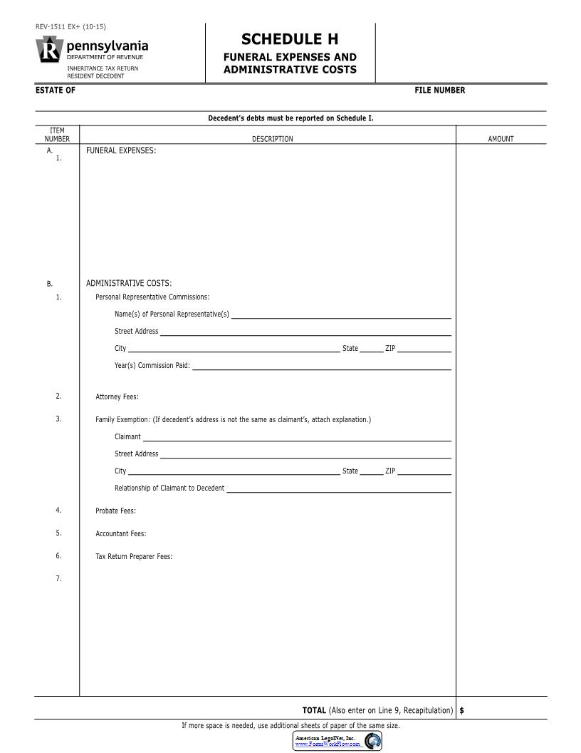 Shedule H Funeral Expenses And Administrative Costs {REV-1511} | Pdf Fpdf Docx | Pennsylvania