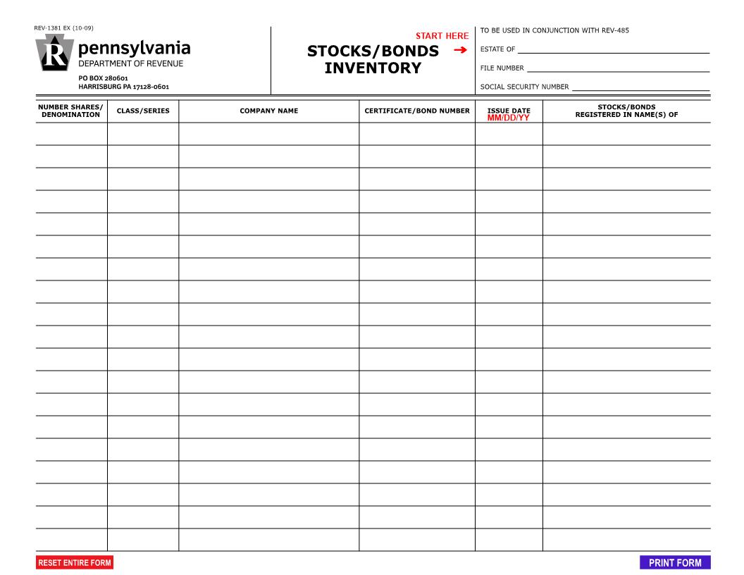 Stocks And Or Bonds Inventory {REV-1381} | Pdf Fpdf Docx | Pennsylvania