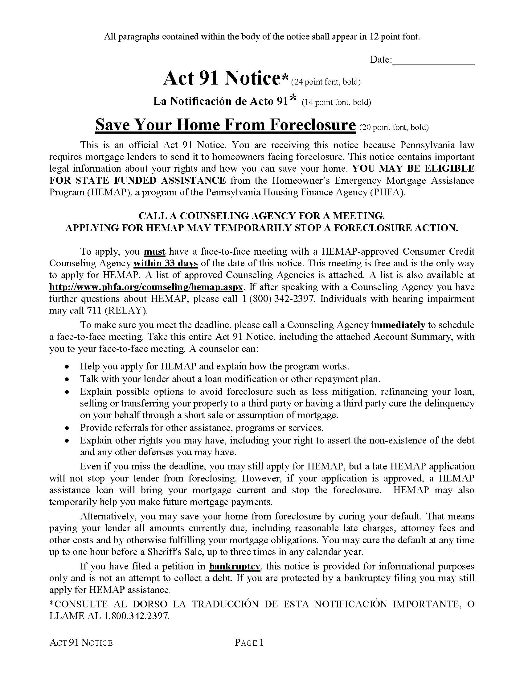 Homeowners Emergency Mortgage Assistance Program Act 91 Notice | Pdf Fpdf Doc Docx | Pennsylvania