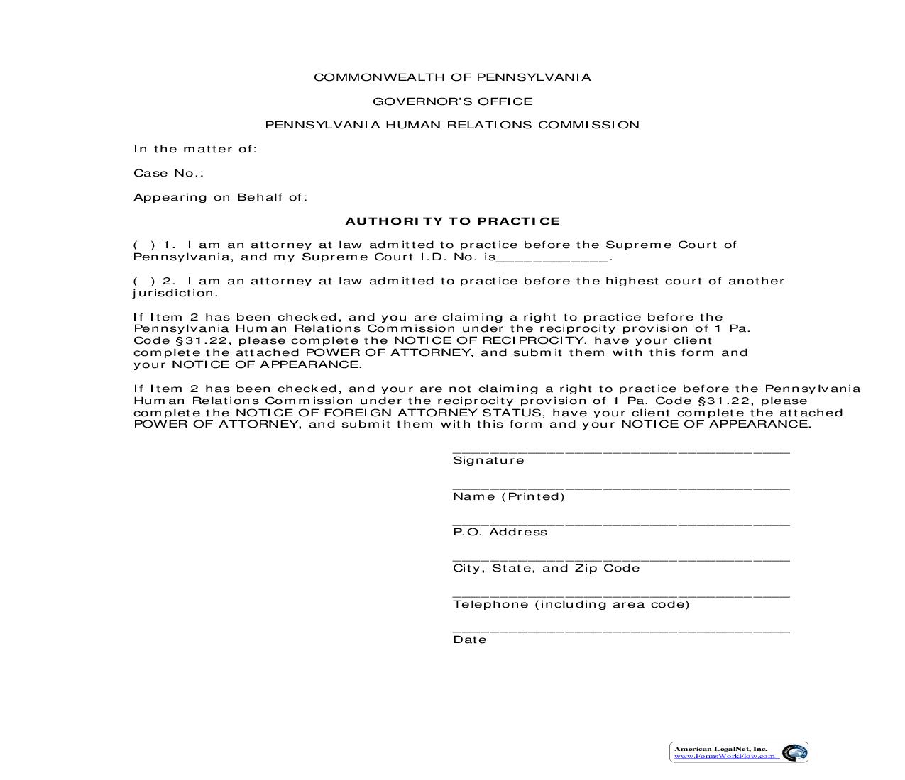 Authority To Practice | Pdf Fpdf Doc Docx | Pennsylvania