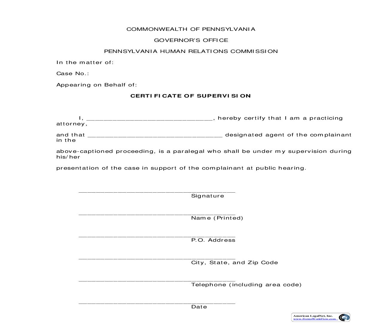 Certificate Of Supervision | Pdf Fpdf Doc Docx | Pennsylvania