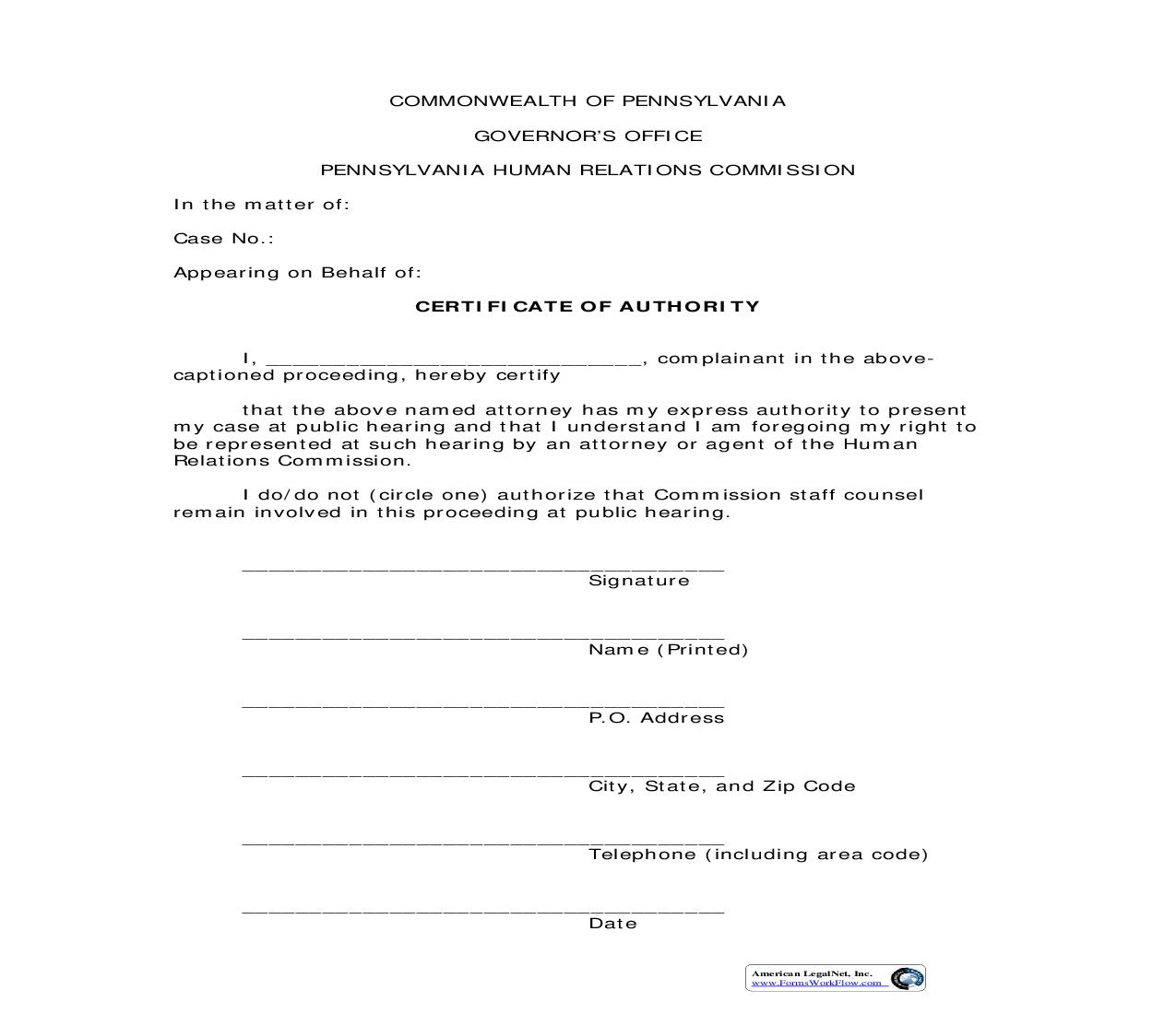 Certificate of Authority | Pdf Fpdf Doc Docx | Pennsylvania