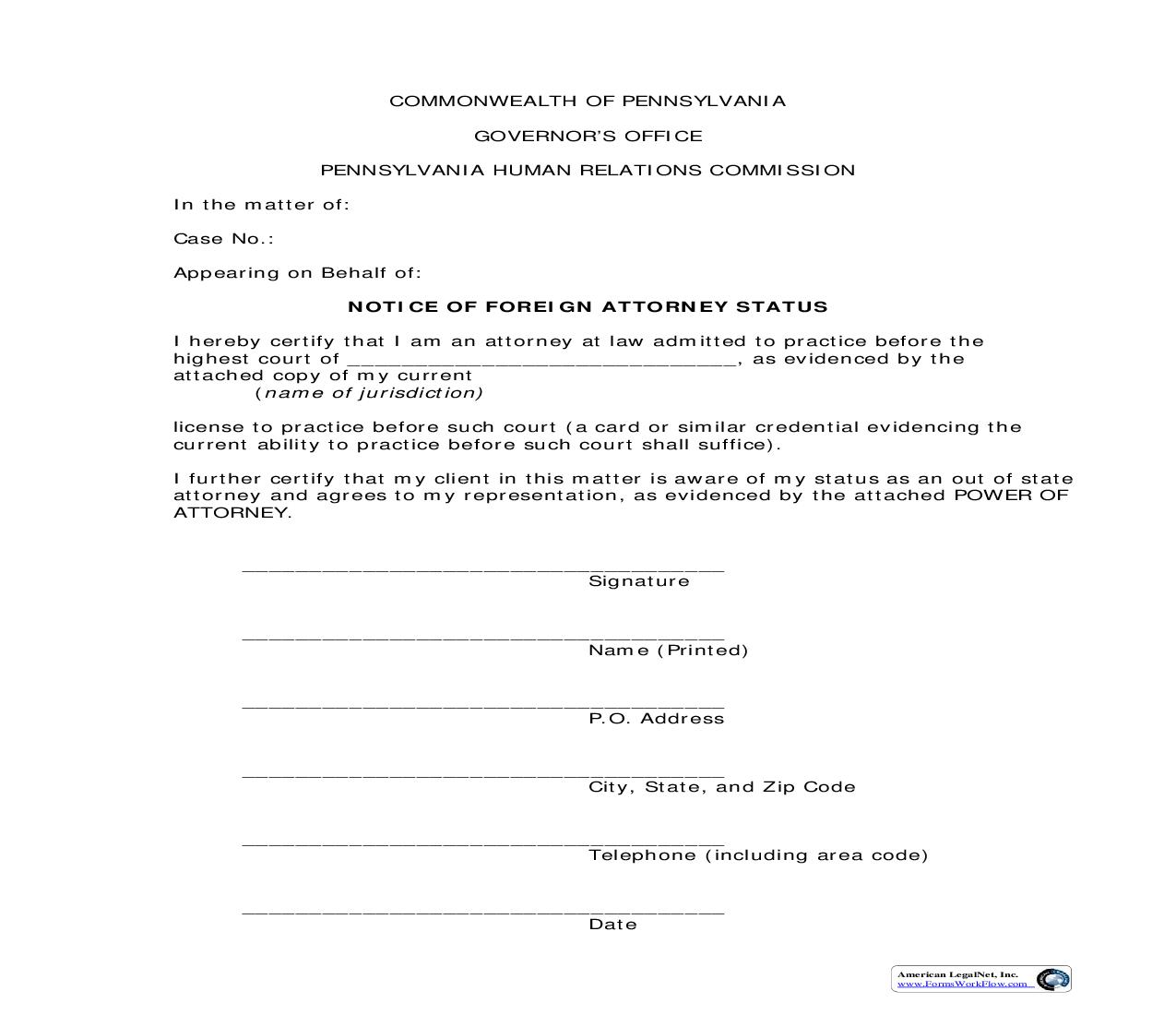 Notice Of Foreign Attorney Status | Pdf Fpdf Doc Docx | Pennsylvania