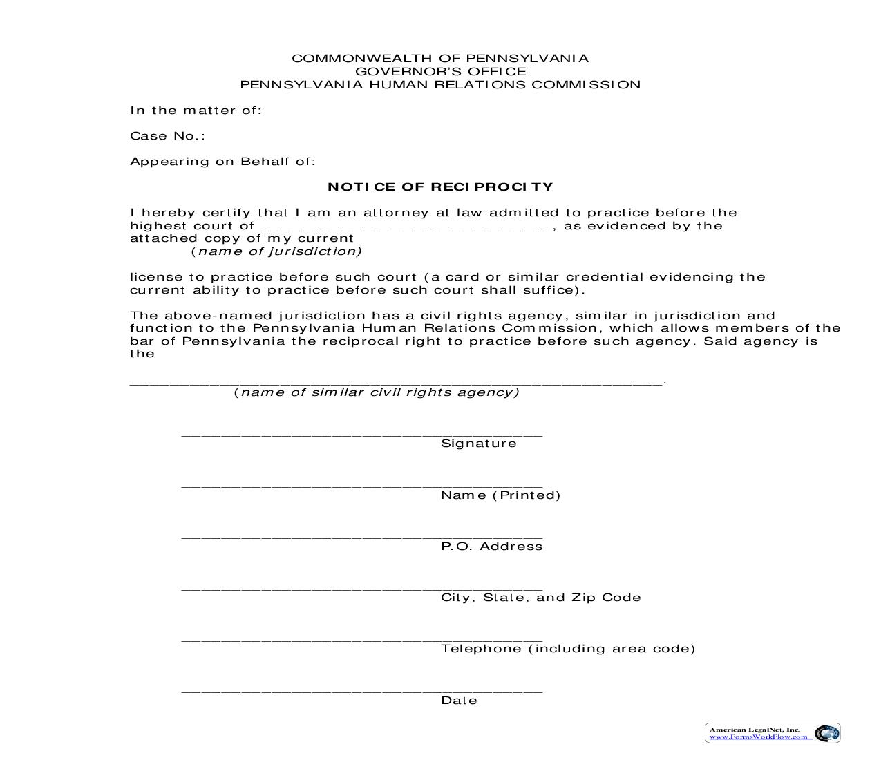 Notice Of Reciprocity | Pdf Fpdf Doc Docx | Pennsylvania