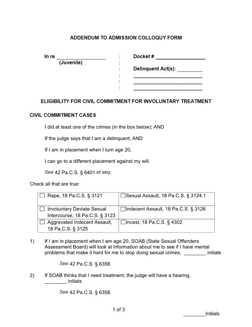 Addendum To Admission Colloquy Form | Pdf Fpdf Docx | Pennsylvania
