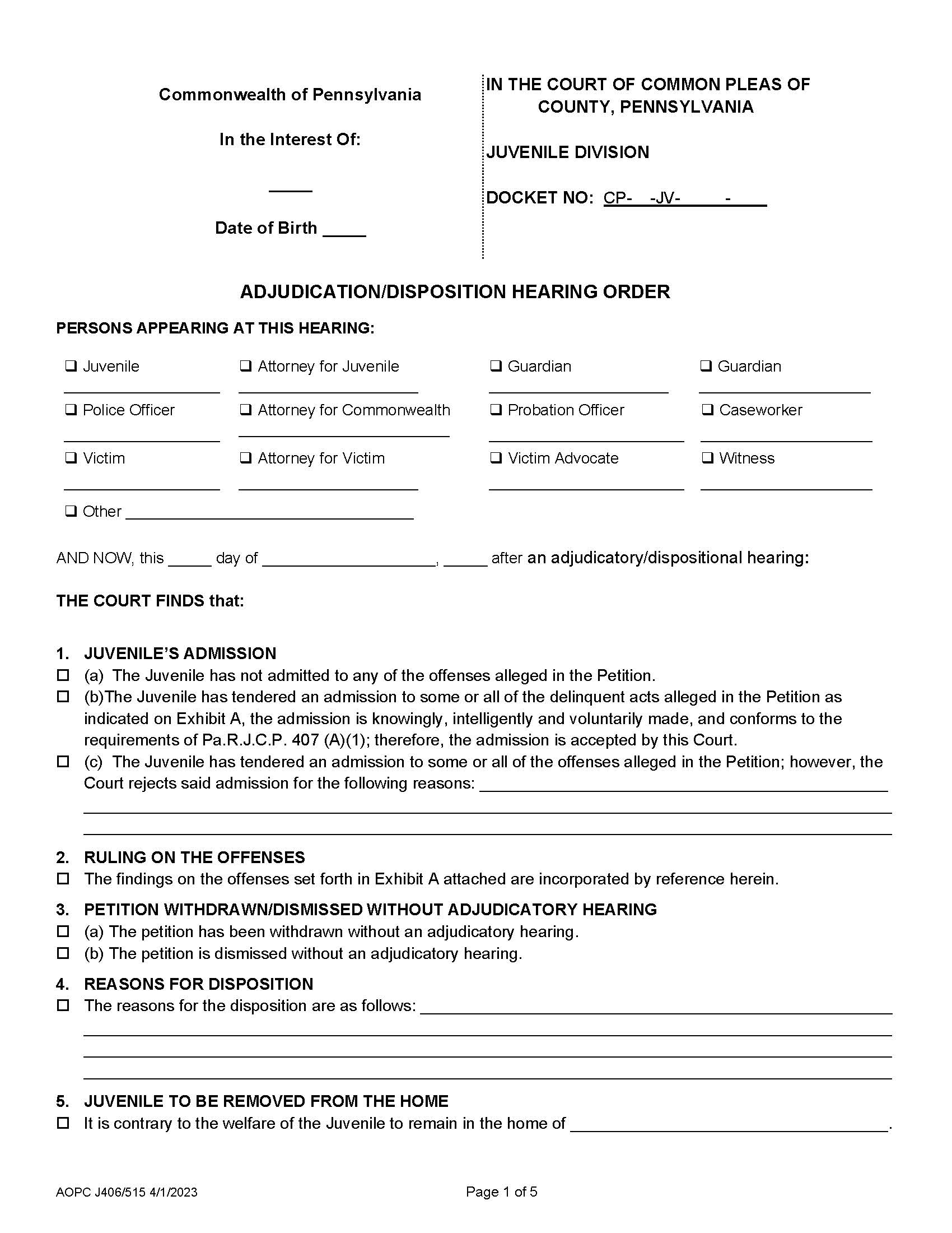 Adjudication Or Disposition Hearing Order {J406 515} | Pdf Fpdf Docx | Pennsylvania
