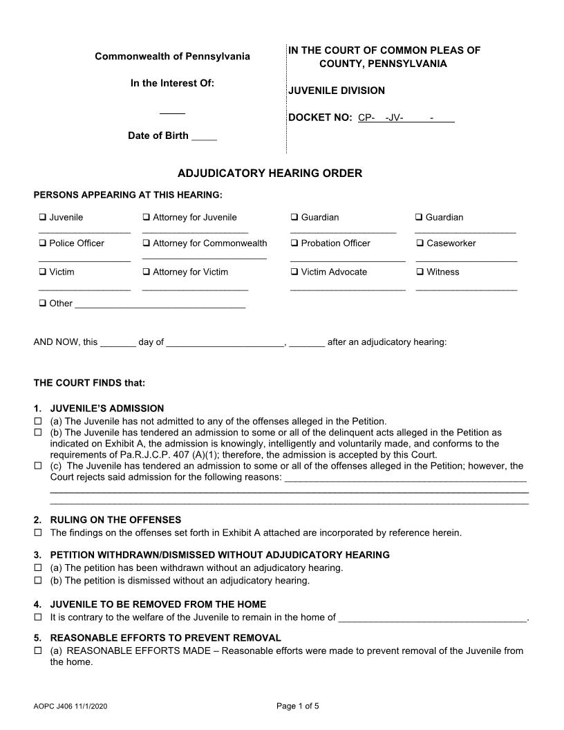 Adjudicatory Hearing Order {J406} | Pdf Fpdf Docx | Pennsylvania