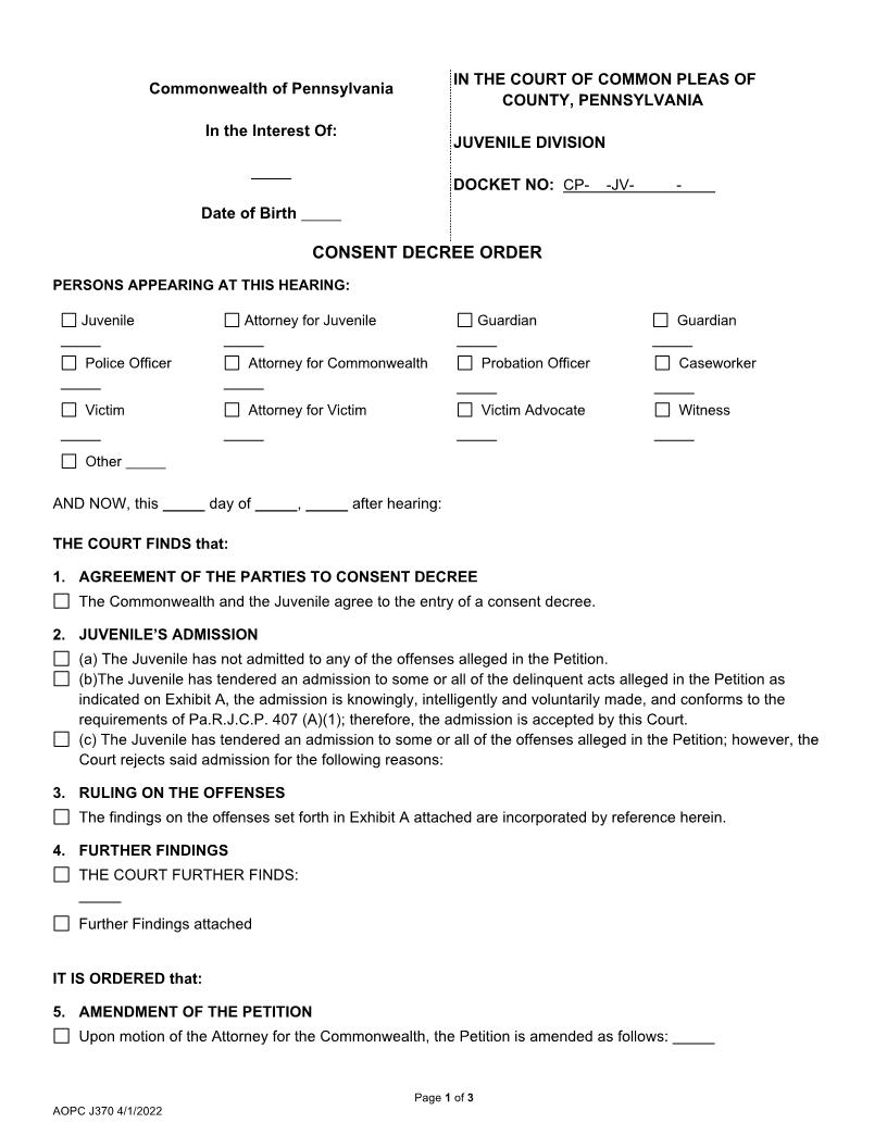 Consent Decree Order  {J370} | Pdf Fpdf Docx | Pennsylvania