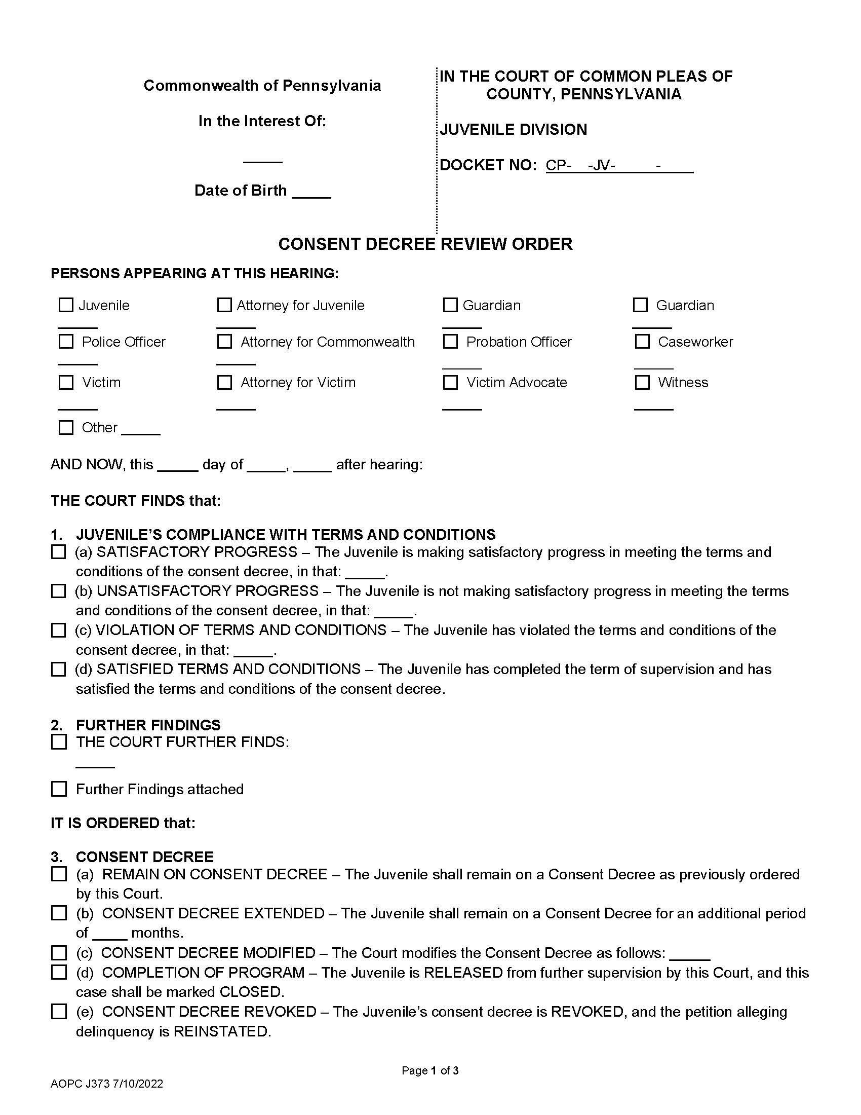 Consent Decree Review Order {J373} | Pdf Fpdf Docx | Pennsylvania