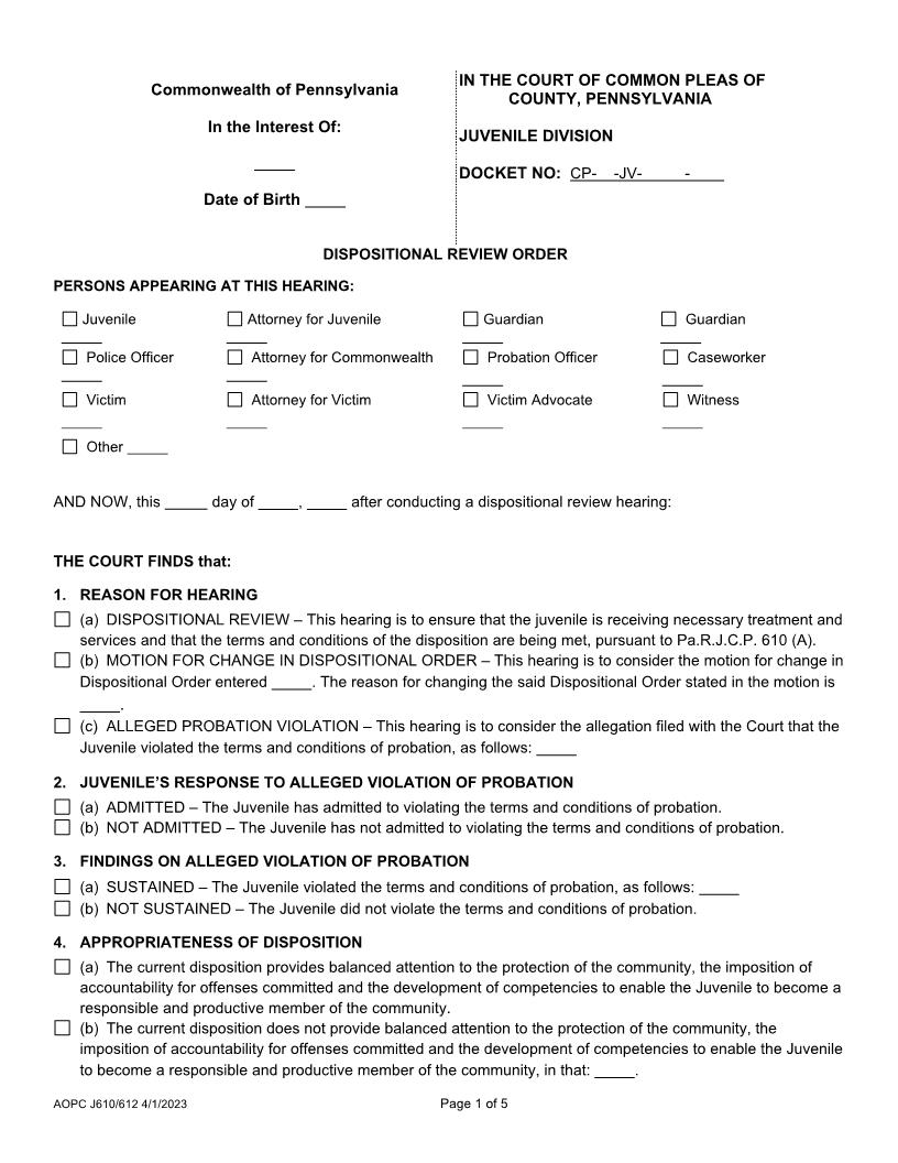 Dispositional Hearing Order {J512} | Pdf Fpdf Docx | Pennsylvania