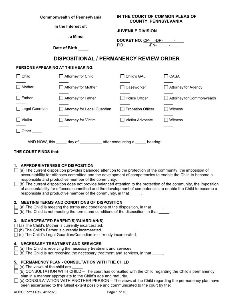 Dispositional Or Permanency Review Order | Pdf Fpdf Docx | Pennsylvania