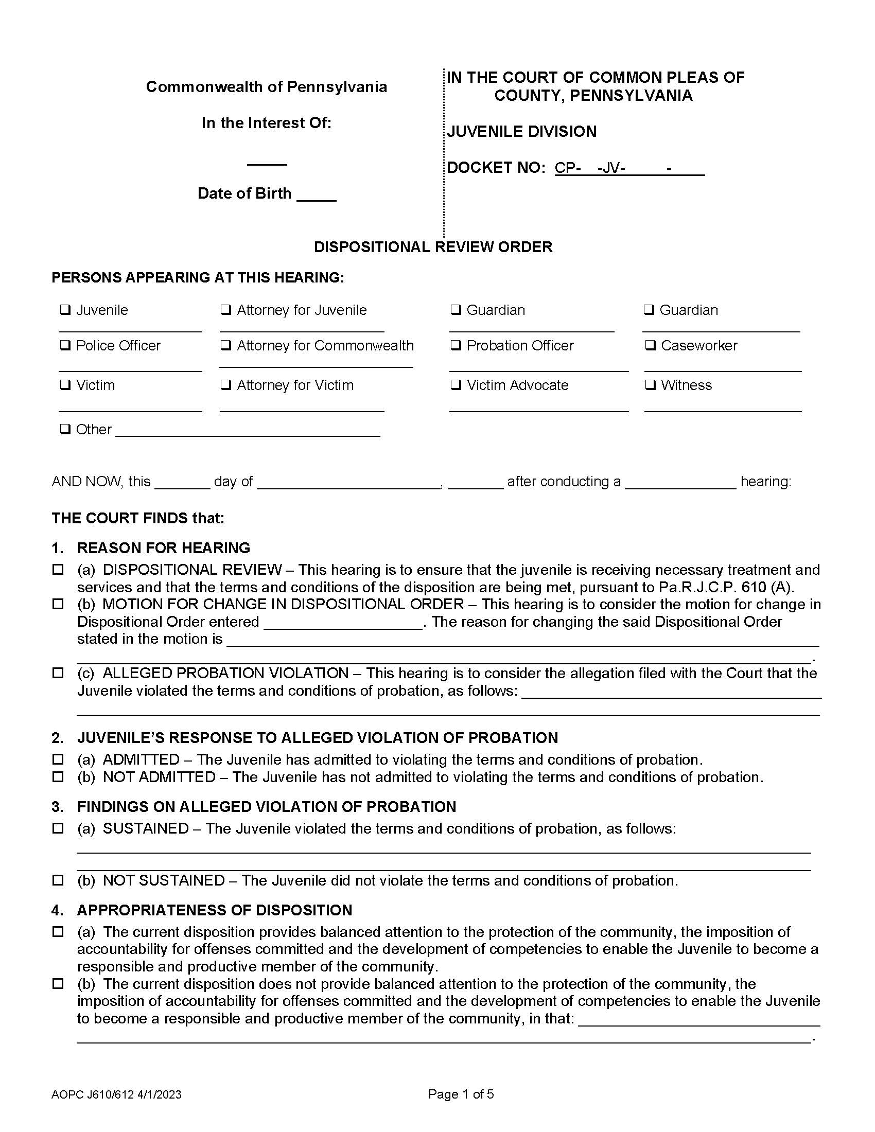 Dispositional Review Order {J610} | Pdf Fpdf Docx | Pennsylvania