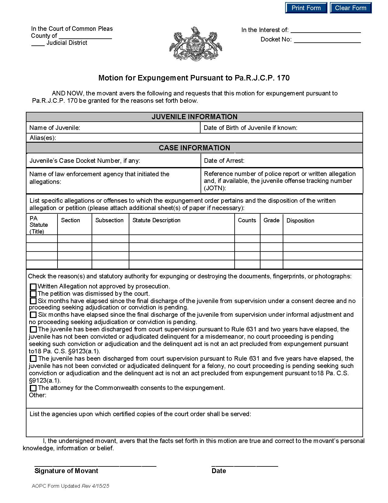 Motion For Expungement Pursuant To PARJCP 170 | Pdf Fpdf Docx | Pennsylvania