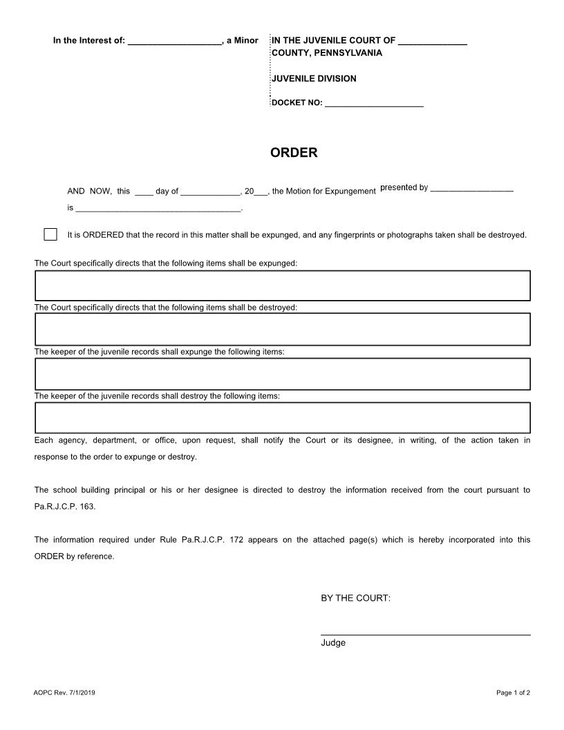 Order (Expungement Juvenile)  | Pdf Fpdf Docx | Pennsylvania