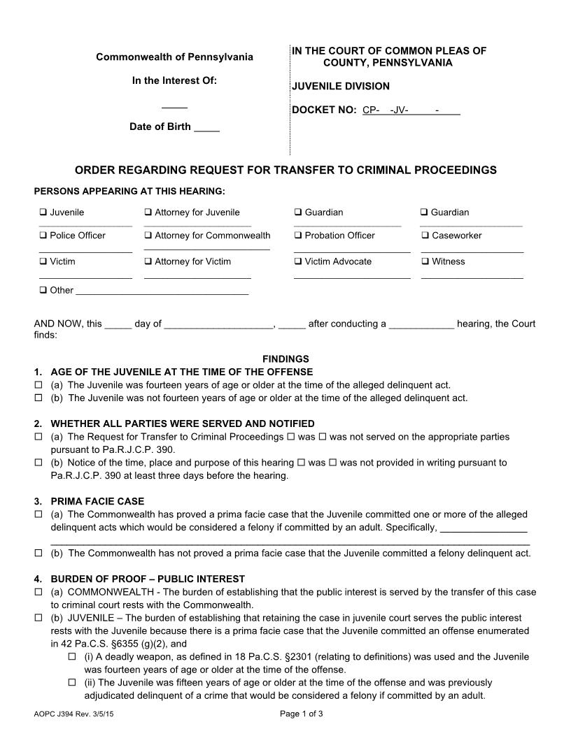 Order Regarding Request For Transfer To Criminal Proceedings {J394} | Pdf Fpdf Doc Docx | Pennsylvania