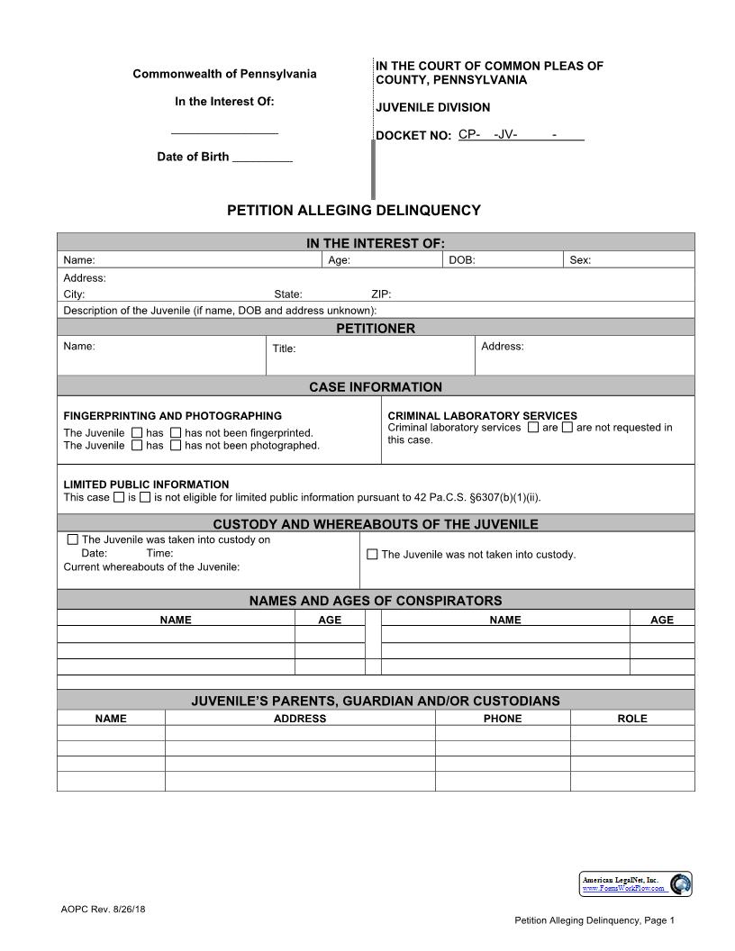Petition Alleging Delinquency | Pdf Fpdf Docx | Pennsylvania