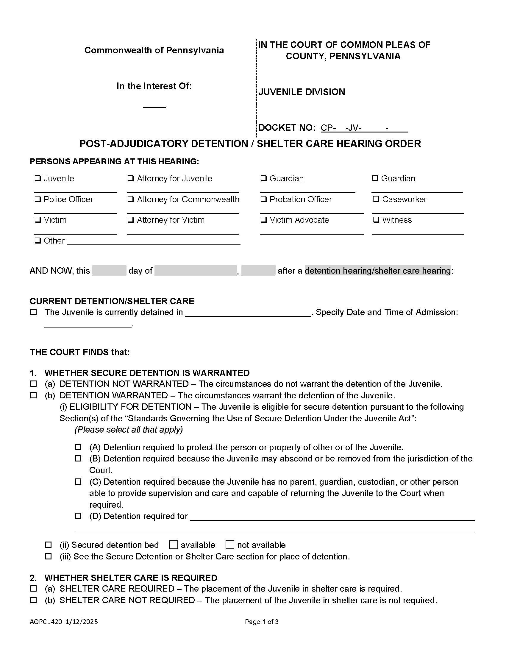 Post-Adjudicatory Detention Shelter Care Hearing Order {J420} | Pdf Fpdf Docx | Pennsylvania