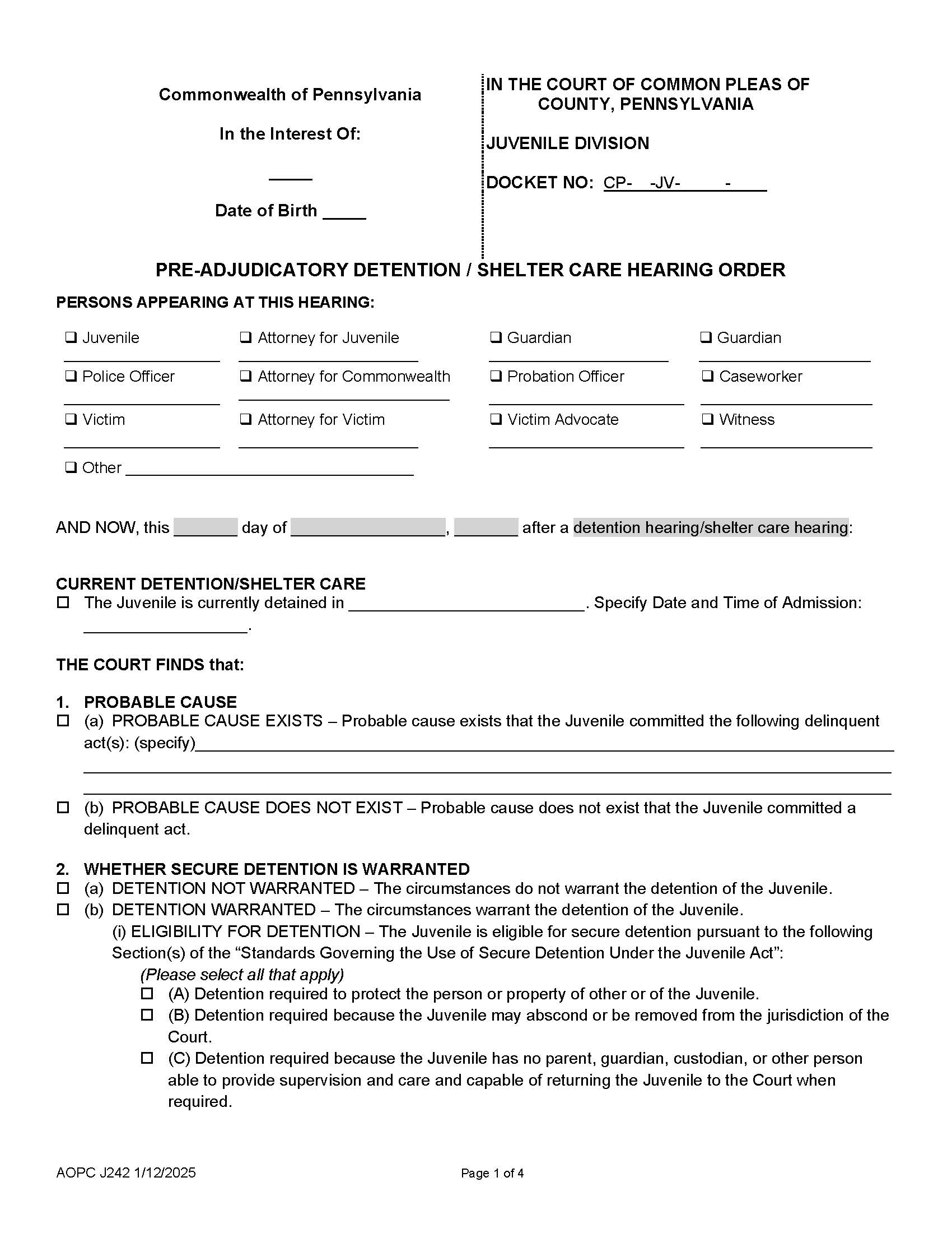Pre-Adjudicatory Detention Shelter Care Hearing Order {J242} | Pdf Fpdf Docx | Pennsylvania