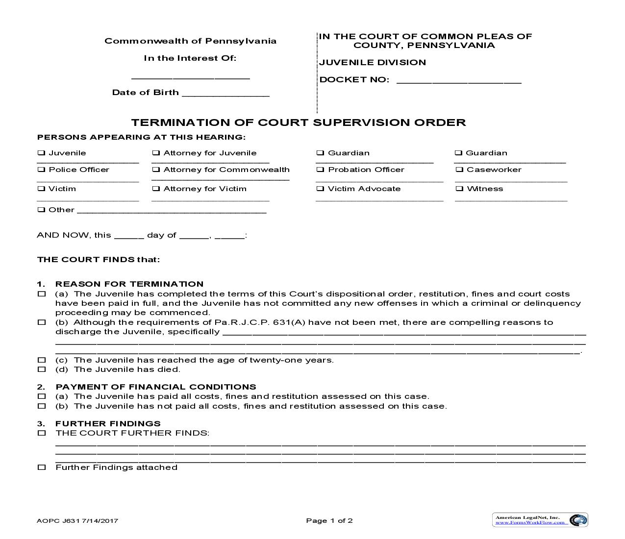 Termination Of Court Supervision Order {J631} | Pdf Fpdf Doc Docx | Pennsylvania