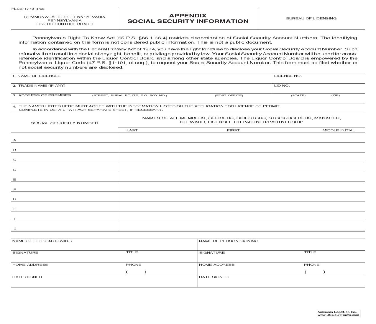Appendix - Social Security Information {PLCB-1773} | Pdf Fpdf Doc Docx | Pennsylvania