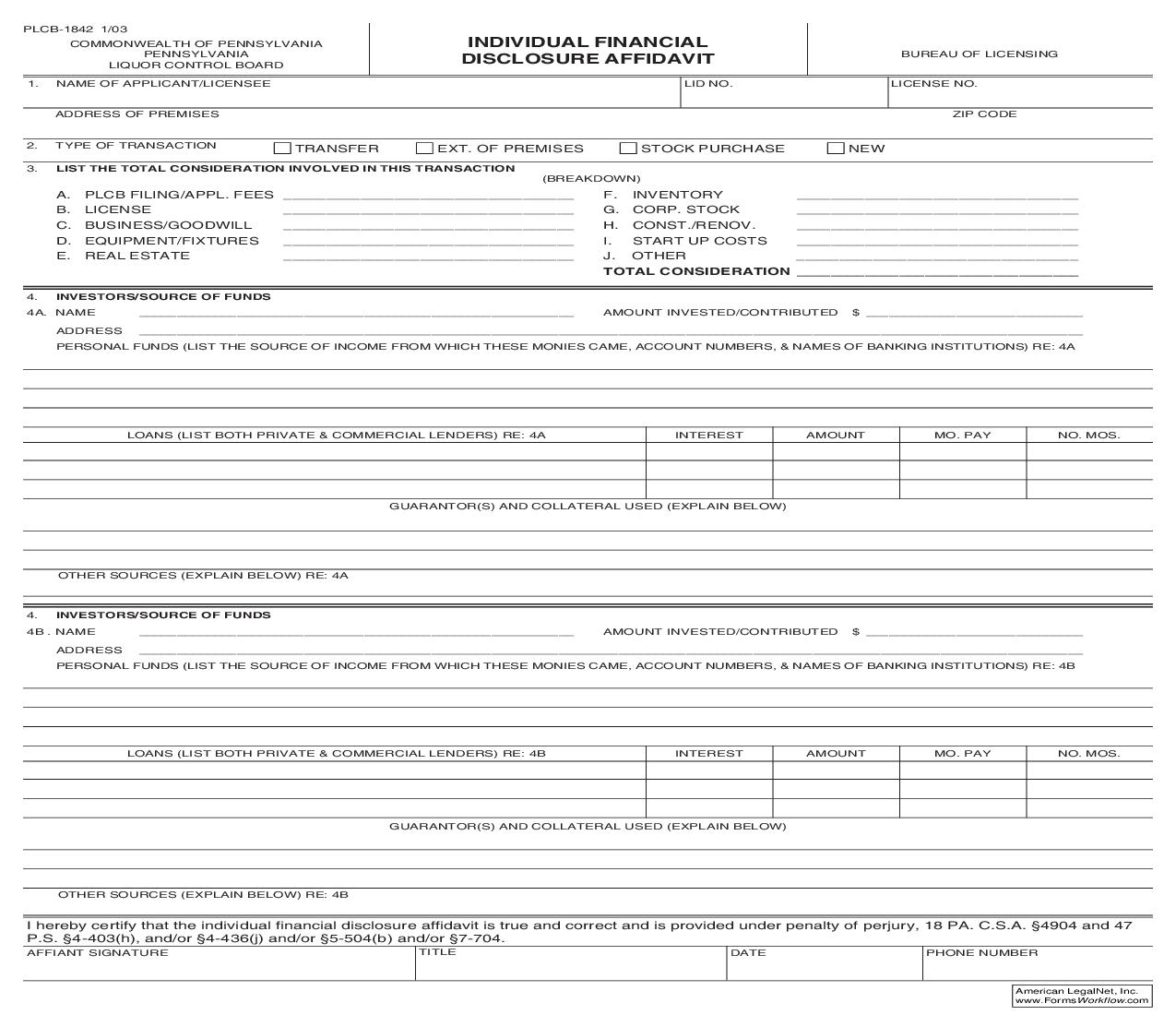 Individual Financial Disclosure Affidavit {PLCB-1842} | Pdf Fpdf Doc Docx | Pennsylvania
