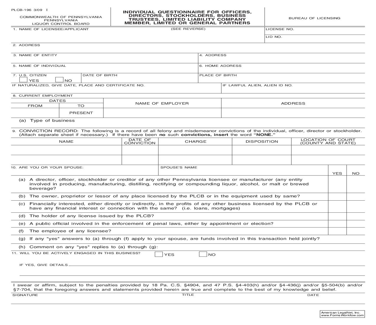 Individual Questionnaire For Officers Directors Stockholders Business Trustees LLC Limited-General Partners {PLCB-196} | Pdf Fpdf Doc Docx | Pennsylvania