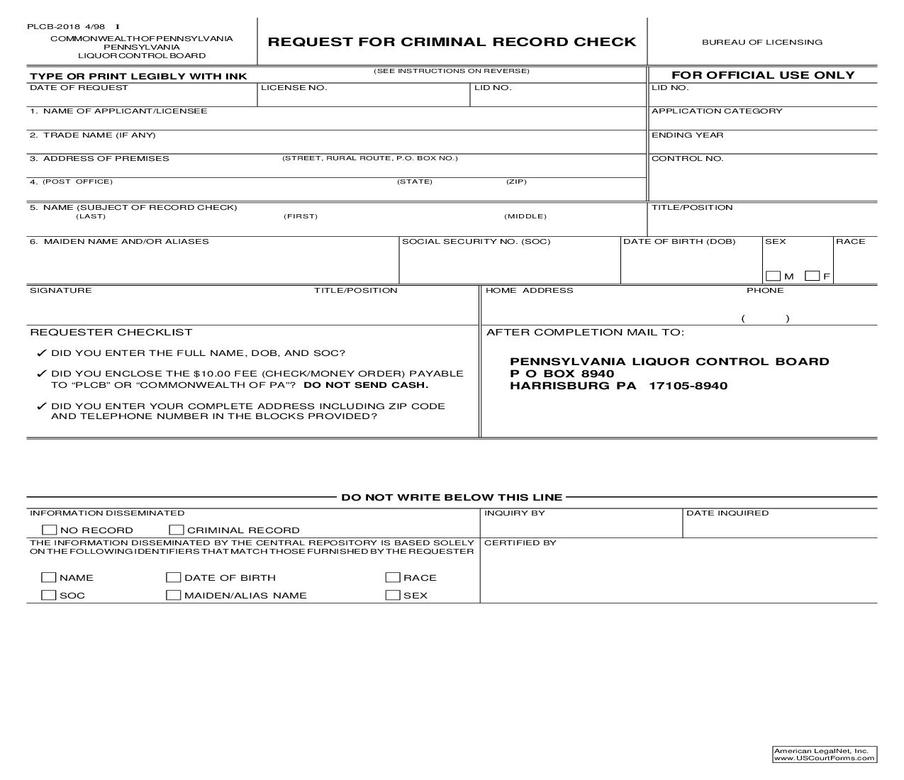 Request For Criminal Record Check {PLCB-2018} | Pdf Fpdf Doc Docx | Pennsylvania