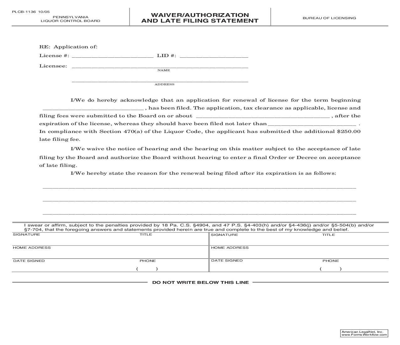 Waiver-Authorization And Late Filing Statement {PLCB-1136} | Pdf Fpdf Doc Docx | Pennsylvania