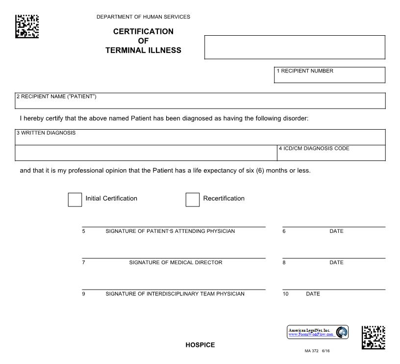 Certification Of Terminal Illness {MA 372} | Pdf Fpdf Doc Docx | Pennsylvania