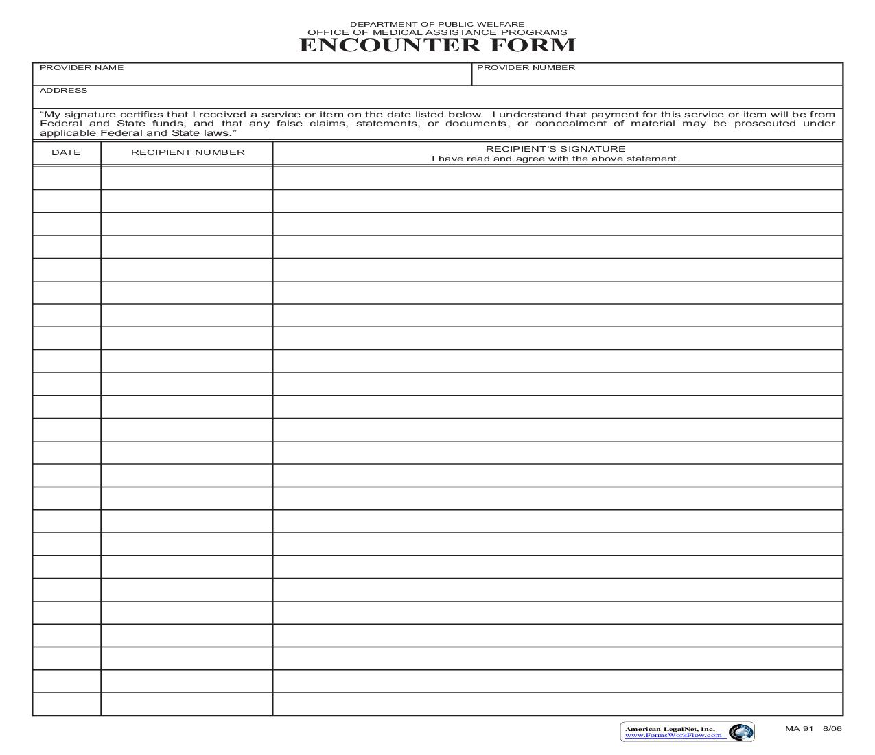 Encounter Form {MA 91} | Pdf Fpdf Doc Docx | Pennsylvania