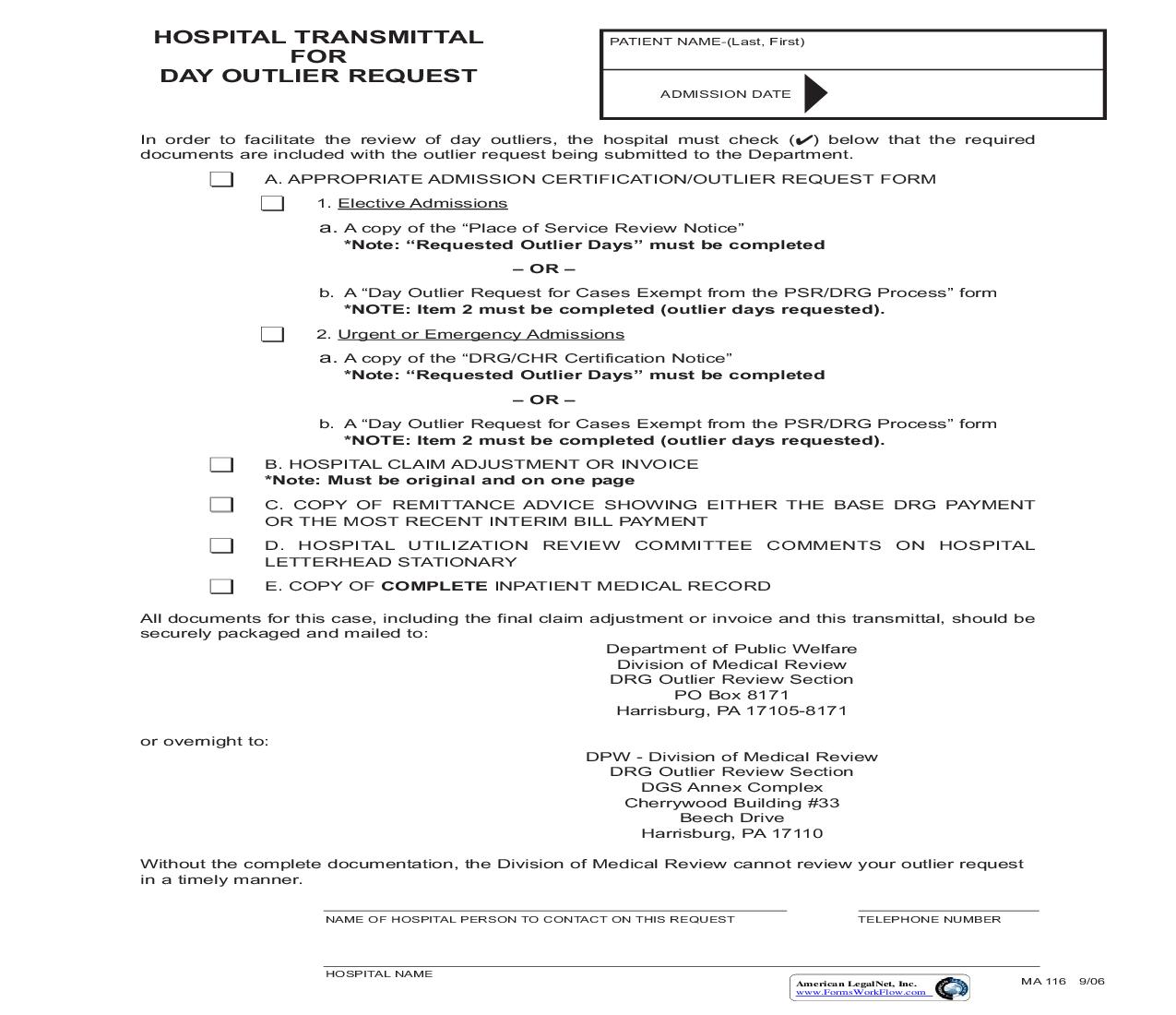 Hospital Transmittal For Day Outlier Request {MA 116} | Pdf Fpdf Doc Docx | Pennsylvania