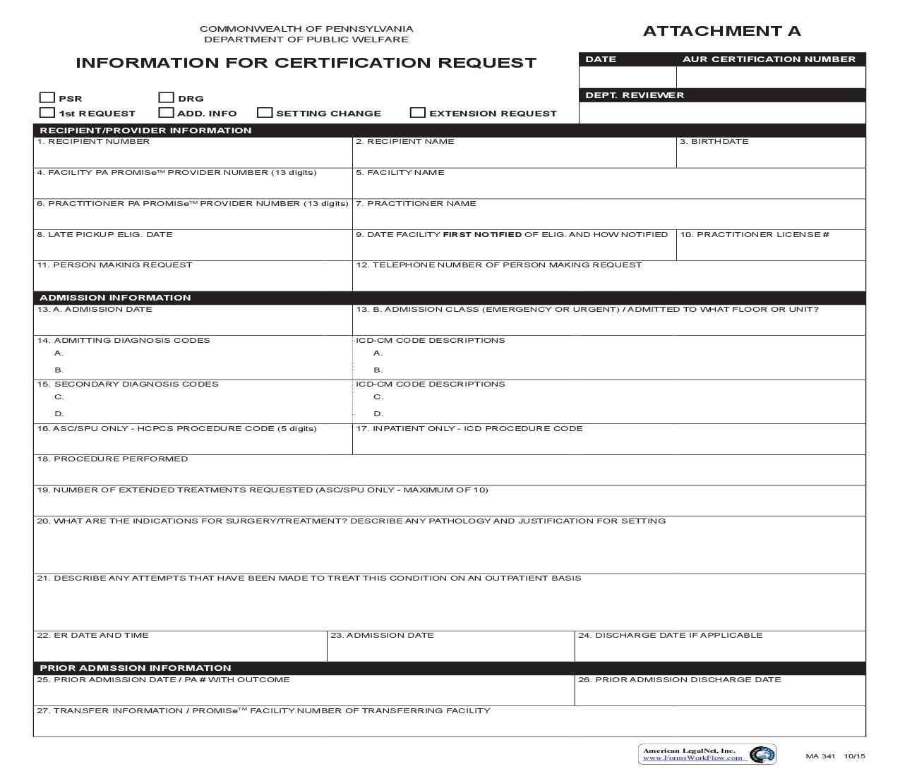 Inormation For Certification Request {MA 341} | Pdf Fpdf Doc Docx | Pennsylvania